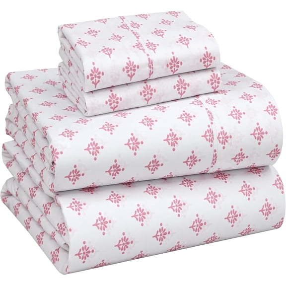 RUVANTI 100% Cotton Percale Sheets Queen Size – Crisp Cooling Bed Sheets for Hot Sleepers, Deep Pocket 16”, Soft Breathable & Durable Hotel-Style 4 Piece Set, Block Print Motif