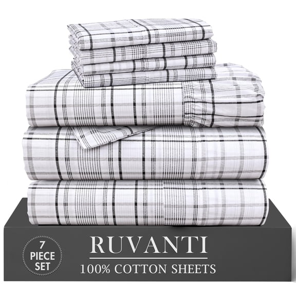 RUVANTI 100% Cotton Percale Sheets Split King Size 7 Piece Set, Cooling Bed Sheets for Hot Sleepers, Deep Pocket 16”, Breathable Lightweight & Durable, Crisp Hotel Style Sheets, Open Check