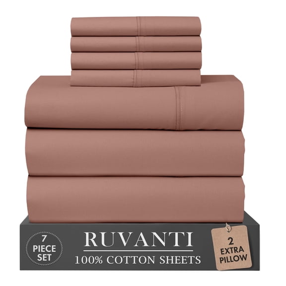 RUVANTI 100% Cotton Percale Sheets Split King Size 7 Piece Set, Cooling Bed Sheets for Hot Sleepers, Deep Pocket 16”, Breathable Lightweight & Durable, Crisp Hotel Style Sheets, Mocha Taupe