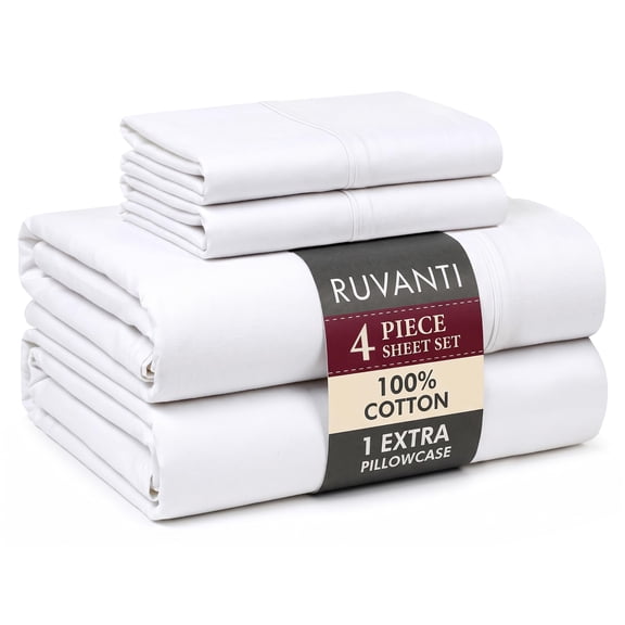 RUVANTI 100% Cotton Percale Sheets Twin Size 4 Piece Set, Cooling Bed Sheets for Hot Sleepers, Deep Pocket 16”, Breathable Lightweight & Durable, Crisp Hotel Style Sheets, Bright White
