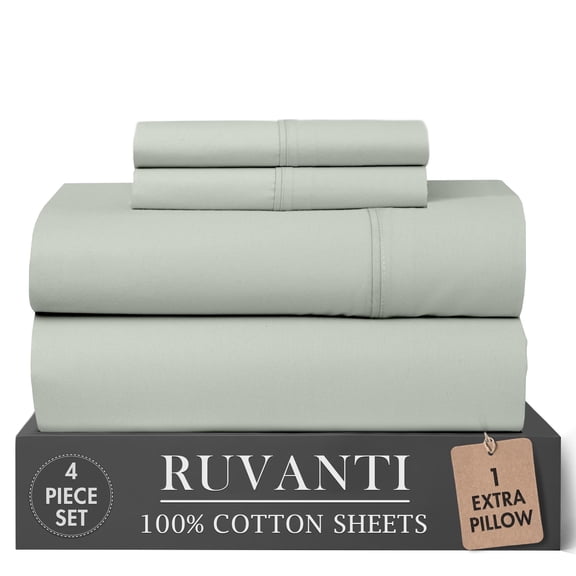 RUVANTI 100% Cotton Percale Sheets Twin XL Size 4 Piece Set, Cooling Bed Sheets for Hot Sleepers, Deep Pocket 16”, Breathable Lightweight & Durable, Crisp Hotel Style Sheets, Ocean Breeze