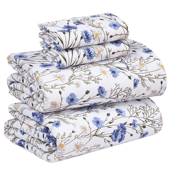 RUVANTI 100% Cotton Sheets – California King Percale Bedding, Cooling & Breathable Floral Design, Durable with a Crisp, Soft & Comfortable Feel, 14" Deep Pocket, 4-Piece Set, Sweet Pea