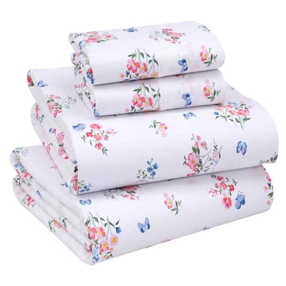 RUVANTI 100% Cotton Sheets – California King Percale Bedding, Cooling & Breathable Floral Design, Durable with a Crisp, Soft & Comfortable Feel, 14" Deep Pocket, 4-Piece Set, Funa Flora