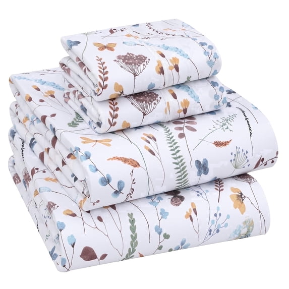 RUVANTI 100% Cotton Sheets – Full Size Percale Bedding, Cooling & Breathable Floral Design, Durable with a Crisp, Soft & Comfortable Feel, 16" Deep Pocket, 4-Piece Set, Fern Class