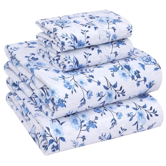 RUVANTI 100% Cotton Sheets – Queen Size Percale Bedding, Cooling & Breathable Floral Design, Durable with a Crisp, Soft & Comfortable Feel, 16" Deep Pocket, 4-Piece Set, Annual