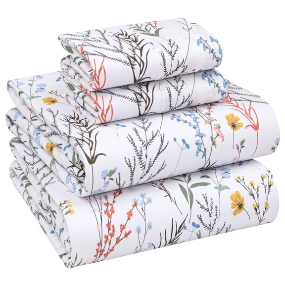 RUVANTI 100% Cotton Sheets – Queen Size Percale Bedding, Cooling & Breathable Floral Design, Durable with a Crisp, Soft & Comfortable Feel, 16" Deep Pocket, 4-Piece Set, Aroma