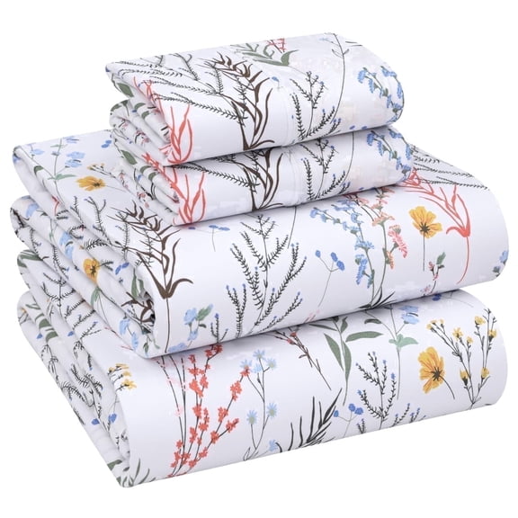 RUVANTI 100% Cotton Sheets – Queen Size Percale Bedding, Cooling & Breathable Floral Design, Durable with a Crisp, Soft & Comfortable Feel, 16" Deep Pocket, 4-Piece Set, Aroma