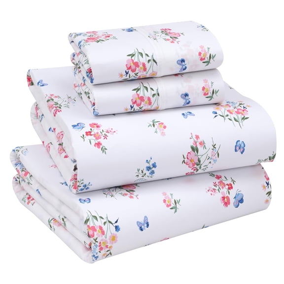 RUVANTI 100% Cotton Sheets – Queen Size Percale Bedding, Cooling & Breathable Floral Design, Durable with a Crisp, Soft & Comfortable Feel, 16" Deep Pocket, 4-Piece Set, Funa Flora