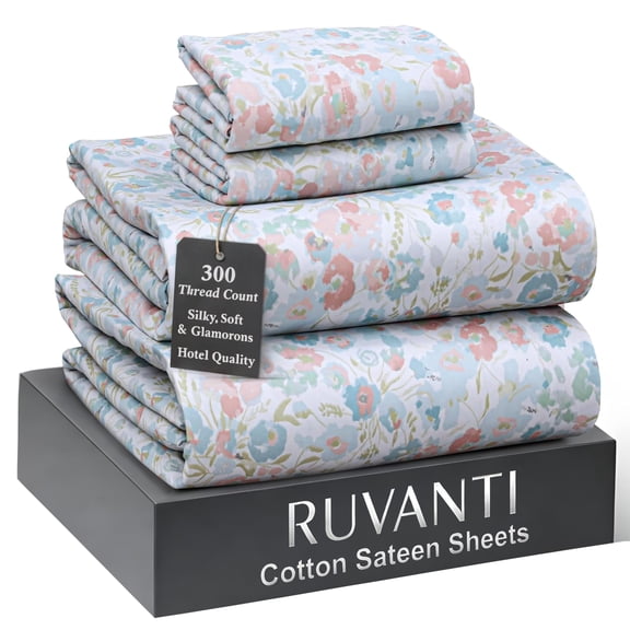 RUVANTI 100% Cotton Sheets Queen Size Bed Set – 300 Thread Count Silky Soft Sateen Weave, Cooling, Lightweight & Breathable, 16" Deep Pocket, Durable & Luxury Satin-Like, 4 Piece, Pastel Hit