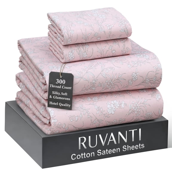 RUVANTI 100% Cotton Sheets Queen Size Bed Set – 300 Thread Count Silky Soft Sateen Weave, Cooling, Lightweight & Breathable, 16" Deep Pocket, Durable & Luxury Satin-Like, 4 Piece, Pink Fusion