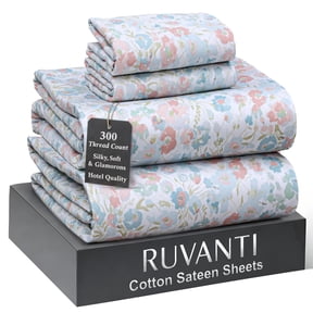 RUVANTI 100% Cotton Sheets Queen Size Bed Set – 300 Thread Count Silky Soft Sateen Weave, Cooling, Lightweight & Breathable, 16" Deep Pocket, Durable & Luxury Satin-Like, 4 Piece, Pastel Hit