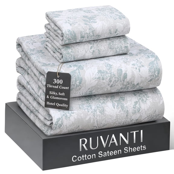 RUVANTI 100% Cotton Sheets Queen Size Bed Set – 300 Thread Count Silky Soft Sateen Weave, Cooling, Lightweight & Breathable, 16" Deep Pocket, Durable & Luxury Satin-Like, 4 Piece, Floral Imprint