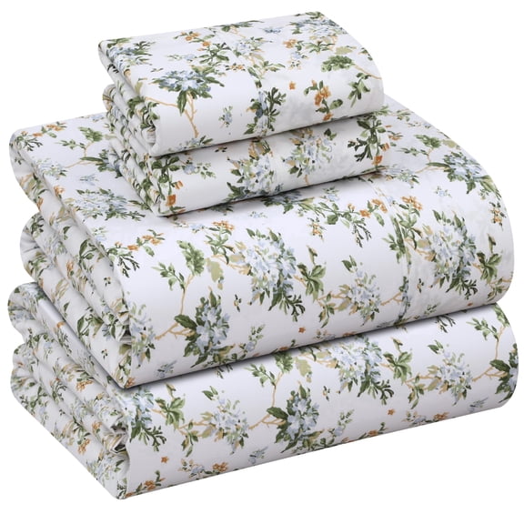 RUVANTI 100% Cotton Sheets – Queen Size Percale Bedding, Cooling & Breathable Floral Design, Durable with a Crisp, Soft & Comfortable Feel, 16" Deep Pocket, 4-Piece Set, Heritage