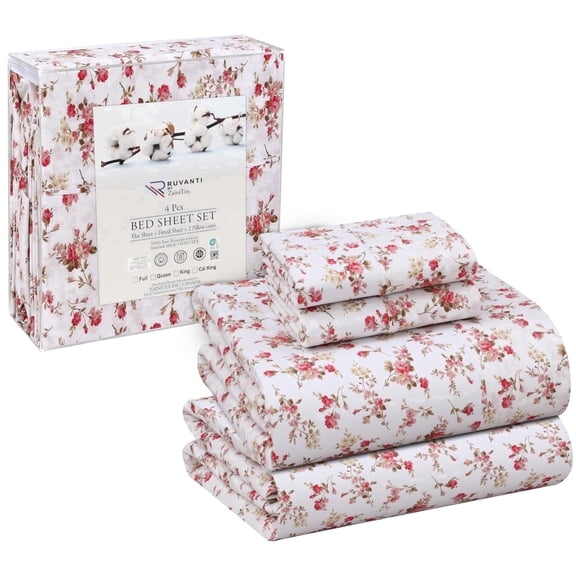RUVANTI 100% Cotton Sheets – Queen Size Percale Bedding, Cooling & Breathable Floral Design, Durable with a Crisp, Soft & Comfortable Feel, 16" Deep Pocket, 4-Piece Set, Bouquet