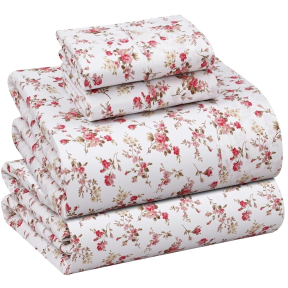 RUVANTI 100% Cotton Sheets – Queen Size Percale Bedding, Cooling & Breathable Floral Design, Durable with a Crisp, Soft & Comfortable Feel, 16" Deep Pocket, 4-Piece Set, Bouquet