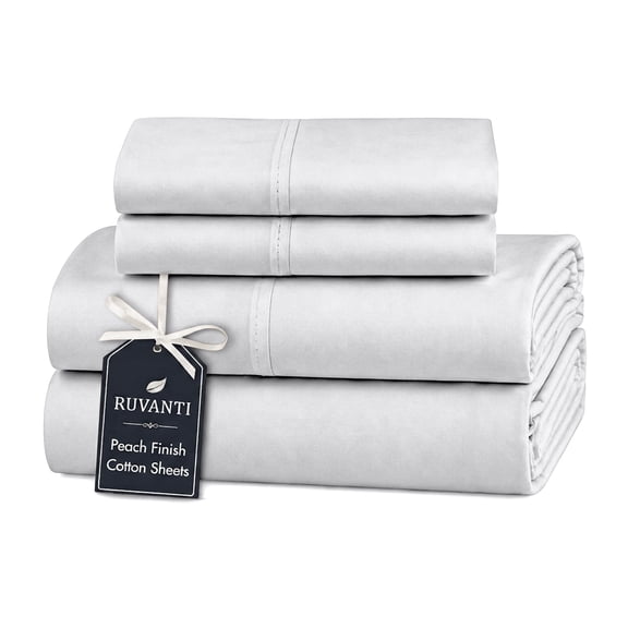RUVANTI 100% Cotton Sheets – Soft Peached Percale, Lightweight & Breathable Cooling Comfort for Summer, 14″ Deep Pocket Full Sheet Set, 4-Piece, Light Grey