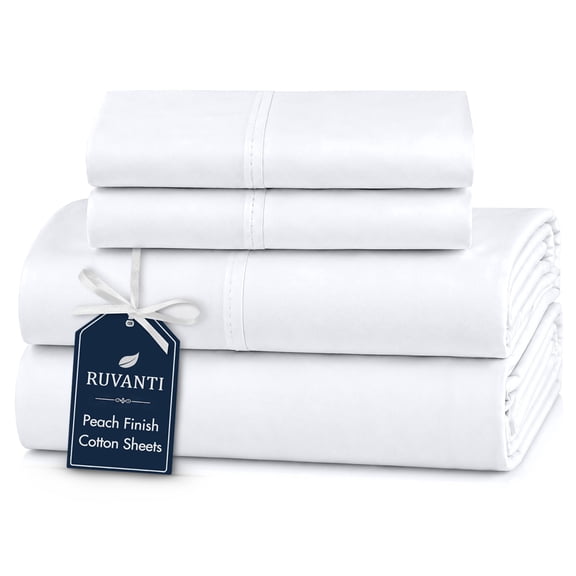 RUVANTI 100% Cotton Sheets – Soft Peached Percale, Lightweight & Breathable Cooling Comfort for Summer, 14″ Deep Pocket Queen Sheet Set, 4-Piece, Bright White