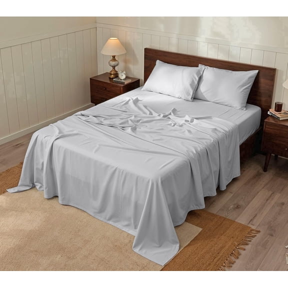 RUVANTI 100% Cotton Sheets – Soft Peached Percale, Lightweight & Breathable Cooling Comfort for Summer, 14″ Deep Pocket Queen Sheet Set, 4-Piece, Light Grey