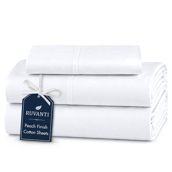 RUVANTI 100% Cotton Sheets – Soft Peached Percale, Lightweight & Breathable Cooling Comfort for Summer, 14″ Deep Pocket Twin Sheet Set, 3-Piece, Bright White