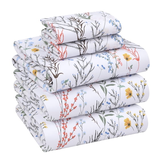 RUVANTI 100% Cotton Sheets – Split King Size Percale Bedding, Cooling & Breathable Floral Design, Durable with a Crisp, Soft & Comfortable Feel, 16" Deep Pocket, 5-Piece Set, Aroma