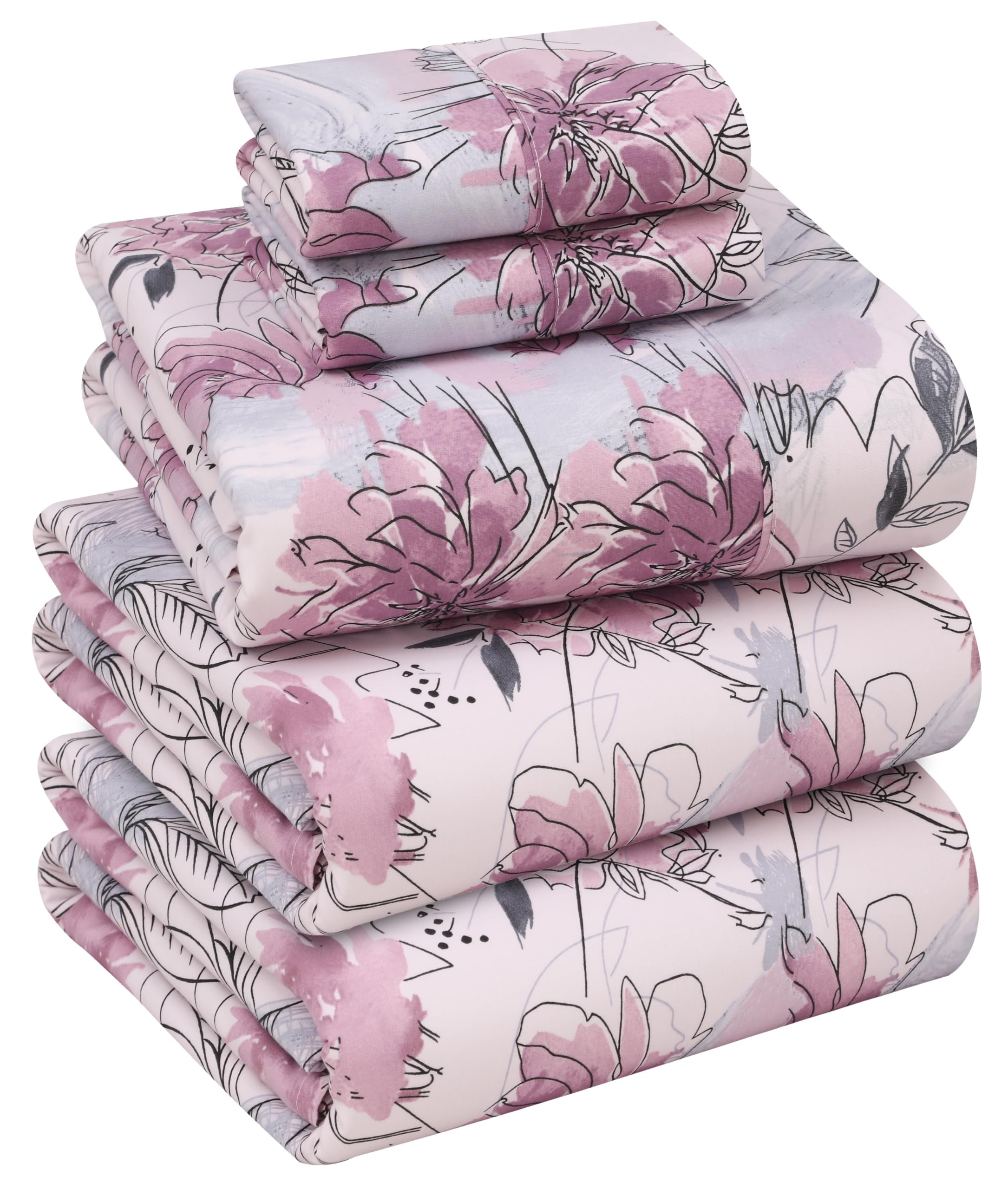 RUVANTI 100% Cotton Sheets – Split King Size Percale Bedding, Cooling & Breathable Floral Design, Durable with a Crisp, Soft & Comfortable Feel, 16" Deep Pocket, 5-Piece Set, Lilac Floral