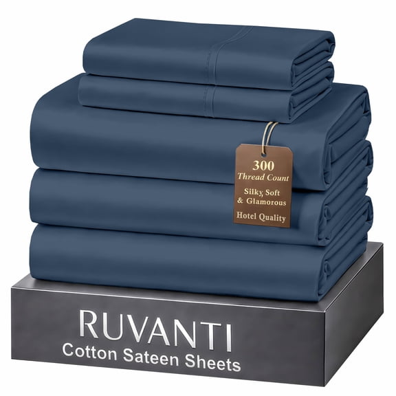 RUVANTI 100% Cotton Sheets Split King Size Bed Set – 300 Thread Count Silky Soft Sateen Weave, Cooling, Lightweight & Breathable, 16" Deep Pocket, Durable & Luxury Satin-Like, 5 Piece, Dark Blue