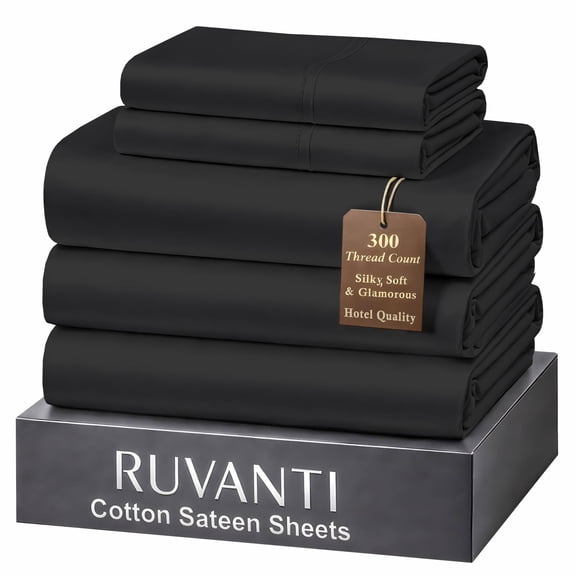 RUVANTI 100% Cotton Sheets Split King Size Bed Set – 300 Thread Count Silky Soft Sateen Weave, Cooling, Lightweight & Breathable, 16" Deep Pocket, Durable & Luxury Satin-Like, 5 Piece, Black