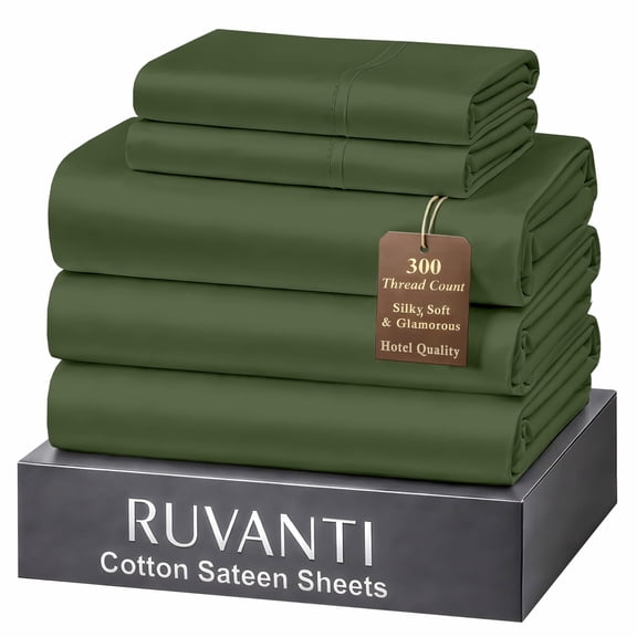RUVANTI 100% Cotton Sheets Split King Size Bed Set – 300 Thread Count Silky Soft Sateen Weave, Cooling, Lightweight & Breathable, 16" Deep Pocket, Durable & Luxury Satin-Like, 5 Piece, Rifle Green