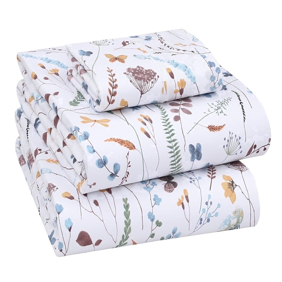 RUVANTI 100% Cotton Sheets – Twin Size Percale Bedding, Cooling & Breathable Floral Design, Durable with a Crisp, Soft & Comfortable Feel, 16" Deep Pocket, 3-Piece Set, Fern Class