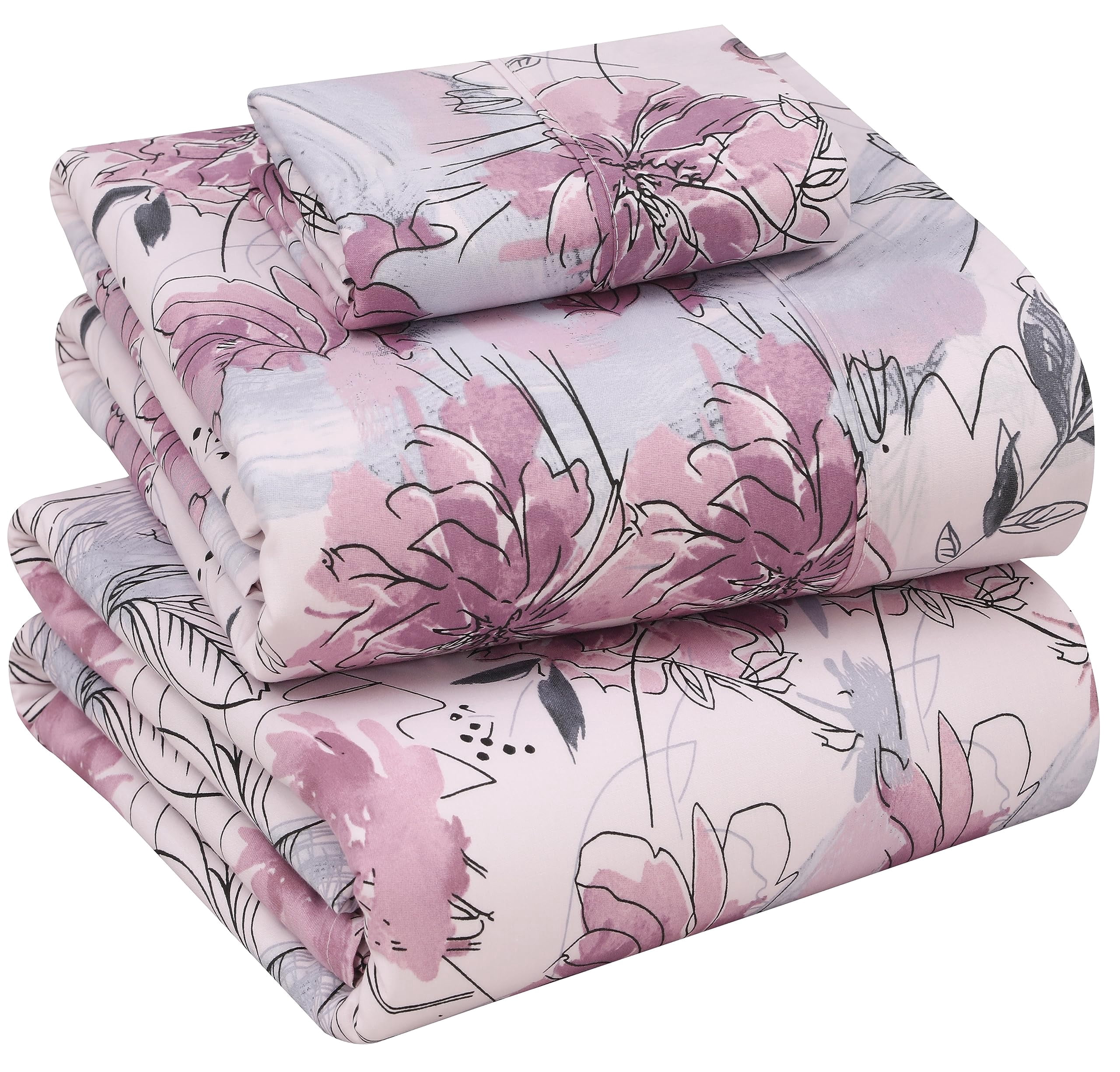 RUVANTI 100% Cotton Sheets – Twin Size Percale Bedding, Cooling & Breathable Floral Design, Durable with a Crisp, Soft & Comfortable Feel, 16" Deep Pocket, 3-Piece Set, Lilac Floral