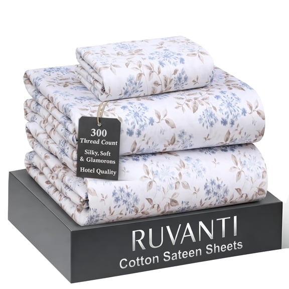 RUVANTI 100% Cotton Sheets Twin Size Bed Set – 300 Thread Count Silky Soft Sateen Weave, Cooling, Lightweight & Breathable, 16" Deep Pocket, Durable & Luxury Satin-Like, 3 Piece, Countryside