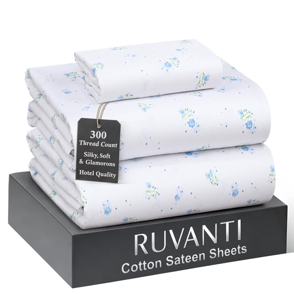 RUVANTI 100% Cotton Sheets Twin Size Bed Set – 300 Thread Count Silky Soft Sateen Weave, Cooling, Lightweight & Breathable, 16" Deep Pocket, Durable & Luxury Satin-Like, 3 Piece, Floral Tossed