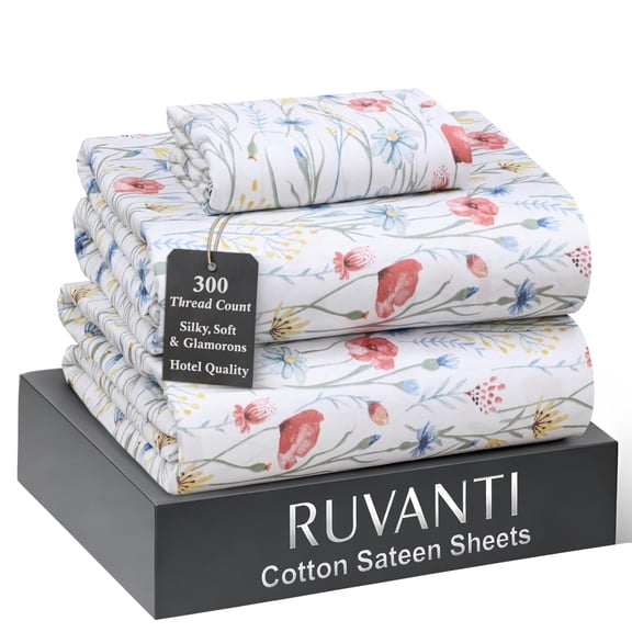 RUVANTI 100% Cotton Sheets Twin Size Bed Set – 300 Thread Count Silky Soft Sateen Weave, Cooling, Lightweight & Breathable, 16" Deep Pocket, Durable & Luxury Satin-Like, 3 Piece, Sweet Pea Fest