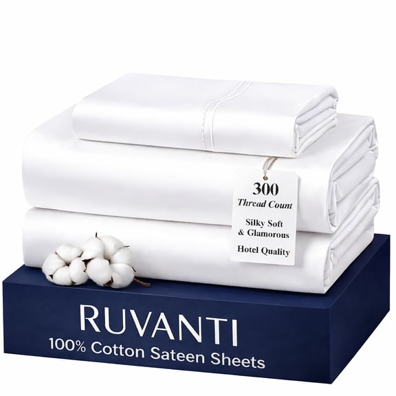 RUVANTI 100% Cotton Sheets Twin Size Bed Set – 300 Thread Count Silky Soft Sateen Weave, Cooling, Lightweight & Breathable, 16" Deep Pocket, Durable & Luxury Satin-Like, 3 Piece, Bright White