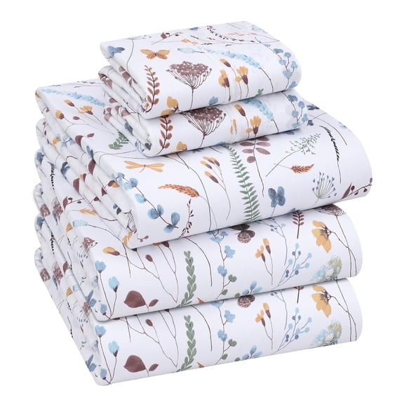 RUVANTI 100% Cotton Sheets – Split King Size Percale Bedding, Cooling & Breathable Floral Design, Durable with a Crisp, Soft & Comfortable Feel, 16" Deep Pocket, 5-Piece Set, Fern Class