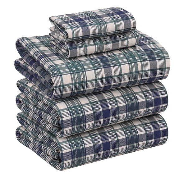 RUVANTI 100% Cotton Sheets – Split King Size Percale Bedding, Cooling & Breathable Floral Design, Durable with a Crisp, Soft & Comfortable Feel, 16" Deep Pocket, 5-Piece Set, Greenish Blue Plaid