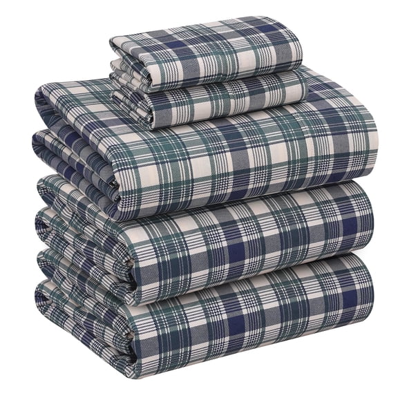 RUVANTI 100% Cotton Sheets – Split King Size Percale Bedding, Cooling & Breathable, Durable with a Crisp, Soft & Comfortable Feel, 16" Deep Pocket, 5-Piece Set, Greenish Blue Plaid