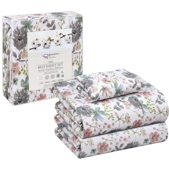 RUVANTI 100% Cotton Sheets – Twin Size Percale Bedding, Cooling & Breathable Floral Design, Durable with a Crisp, Soft & Comfortable Feel, 16" Deep Pocket, 3-Piece Set, Dandelion Field