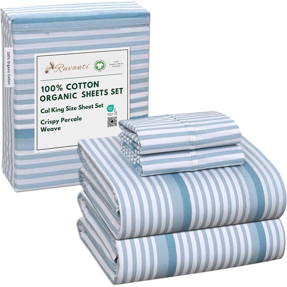 RUVANTI 100% Organic Cotton Sheets - California king Sheet Sets - 4 Piece Percale Weave Bedding, Crisp, Cooling, Breathable, Soft & Durable, 16" Deep Pocket, Hotel Quality Sábanas - Nautical Stripes
