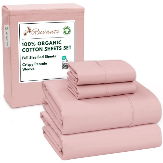 RUVANTI 100% Organic Cotton Sheets - Full Size bed sheet - 4 Piece Percale Weave Bedding, Crisp, Cooling & Breathable, Soft & Durable, 16" Deep Pocket, Hotel Quality Sábanas - Peach Skin