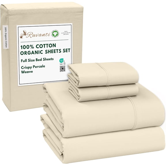 RUVANTI 100% Organic Cotton Sheets - Full Size bed sheet - 4 Piece Percale Weave Bedding, Crisp, Cooling & Breathable, Soft & Durable, 16" Deep Pocket, Hotel Quality Sábanas - Cloud Cream