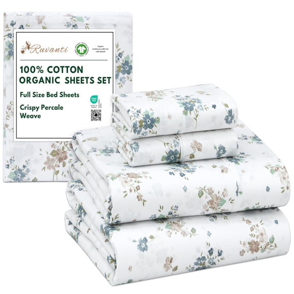 RUVANTI 100% Organic Cotton Sheets - Full Size bed sheet - 4 Piece Percale Weave Bedding, Crisp, Cooling & Breathable, Soft & Durable, 16" Deep Pocket, Hotel Quality Sábanas - Halcyon