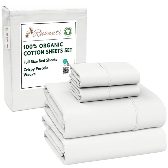 RUVANTI 100% Organic Cotton Sheets - Full Size bed sheet - 4 Piece Percale Weave Bedding, Crisp, Cooling & Breathable, Soft & Durable, 16" Deep Pocket, Hotel Quality Sábanas - Bit of Blue