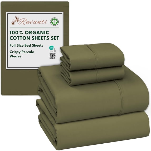 RUVANTI 100% Organic Cotton Sheets - Full Size bed sheet - 4 Piece Percale Weave Bedding, Crisp, Cooling & Breathable, Soft & Durable, 16" Deep Pocket, Hotel Quality Sábanas - Olive