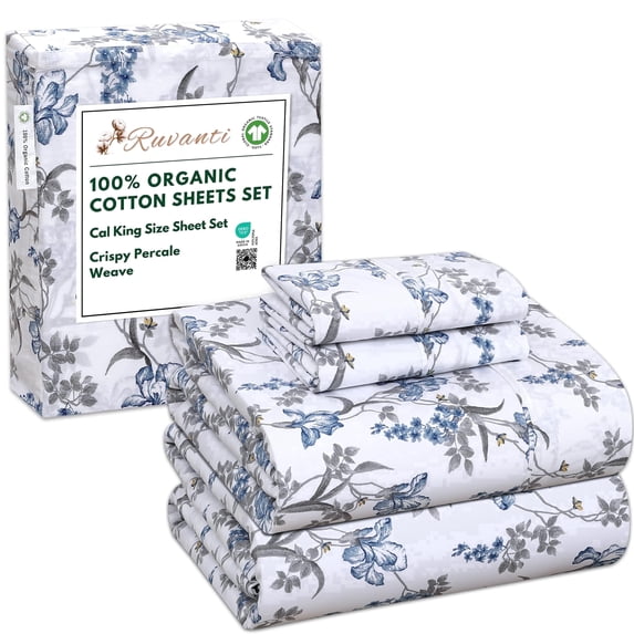 RUVANTI 100% Organic Cotton Sheets - California king Sheet Sets - 4 Piece Percale Weave Bedding, Crisp, Cooling & Breathable, Soft & Durable, 16" Deep Pocket, Hotel Quality Sábanas - Deluxe