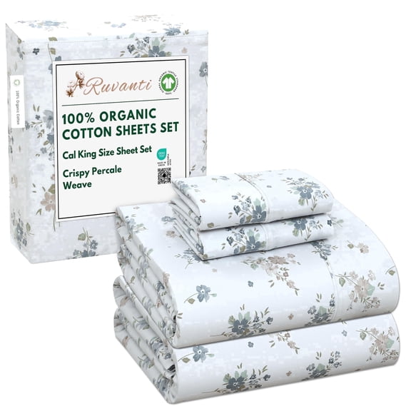 RUVANTI 100% Organic Cotton Sheets - California king Sheet Sets - 4 Piece Percale Weave Bedding, Crisp, Cooling & Breathable, Soft & Durable, 16" Deep Pocket, Hotel Quality Sábanas - Halcyon