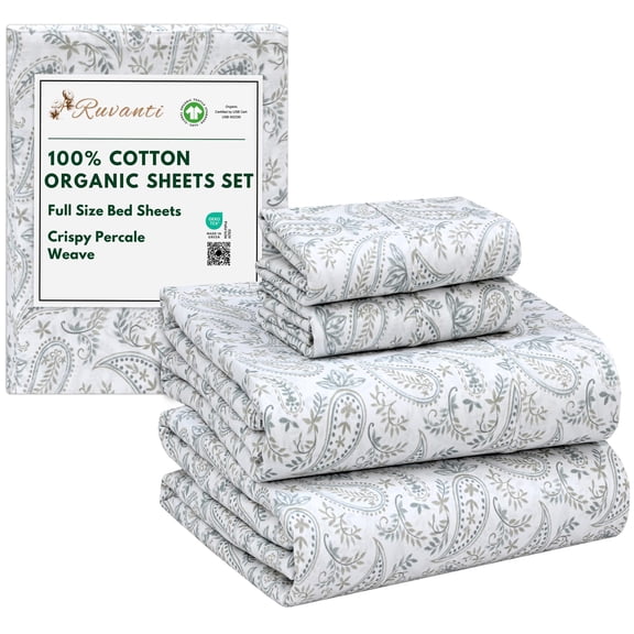 RUVANTI 100% Organic Cotton Sheets - Full Size bed sheet - 4 Piece Percale Weave Bedding, Crisp, Cooling & Breathable, Soft & Durable, 15" Deep Pocket, Hotel Quality Sábanas - Ornate Oasis