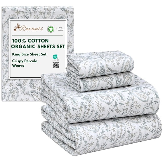 RUVANTI 100% Organic Cotton Sheets - King Size Sheet Set - 4 Piece Percale Weave Bedding, Crisp, Cooling & Breathable, Soft & Durable, 15" Deep Pocket, Hotel Quality Sábanas - Ornate Oasis
