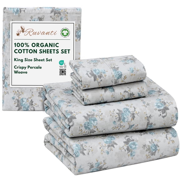 RUVANTI 100% Organic Cotton Sheets - King Size Sheet Set - 4 Piece Percale Weave Bedding, Crisp, Cooling & Breathable, Soft & Durable, 16" Deep Pocket, Hotel Quality Sábanas - Blue Rose