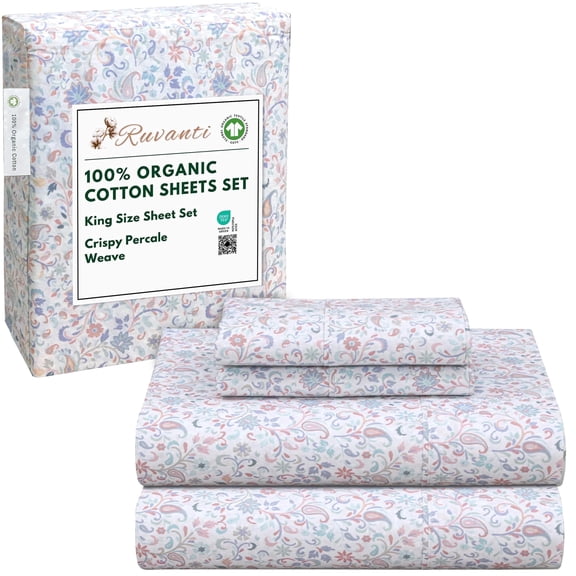 RUVANTI 100% Organic Cotton Sheets - King Size Sheet Set - 4 Piece Percale Weave Bedding, Crisp, Cooling & Breathable, Soft & Durable, 16" Deep Pocket, Hotel Quality Sábanas - Multi Paisley